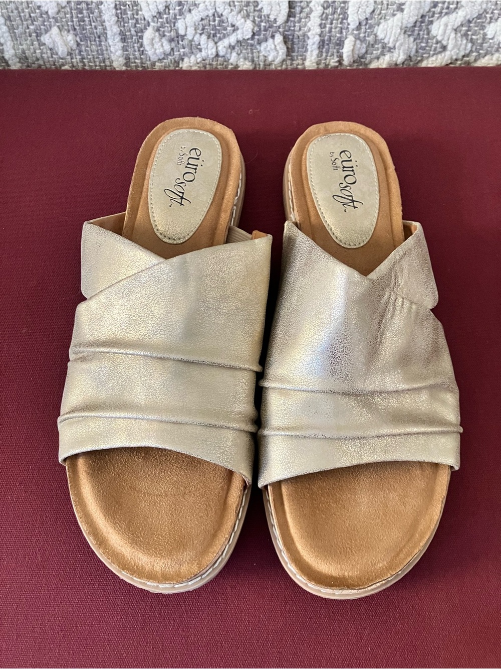 EuroSoft Metallic Gold Ruched Slide Sandals for Women - Size 9